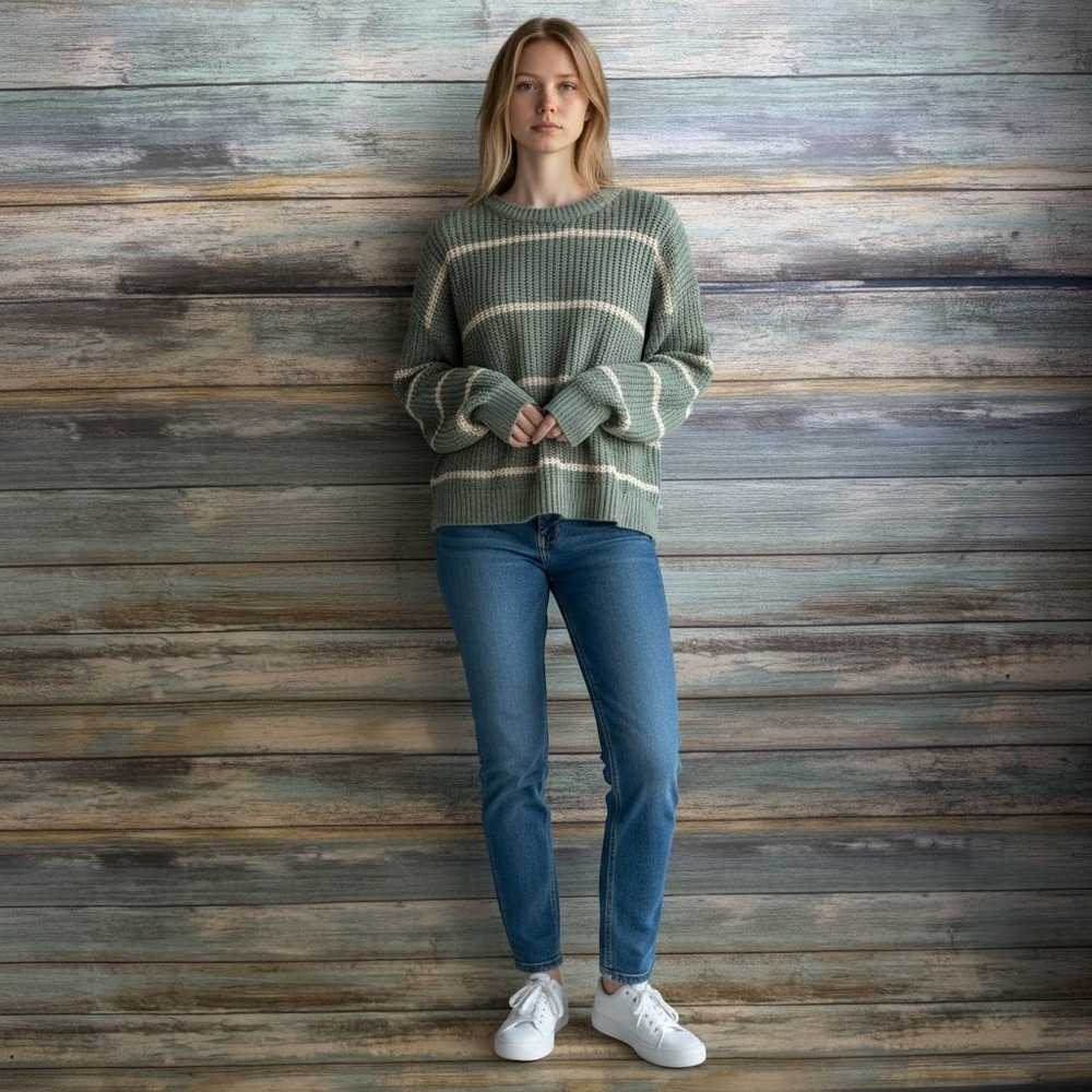 Pink Rose Sweater XS Sage Green Excellent Striped Side Lace Up Crewneck